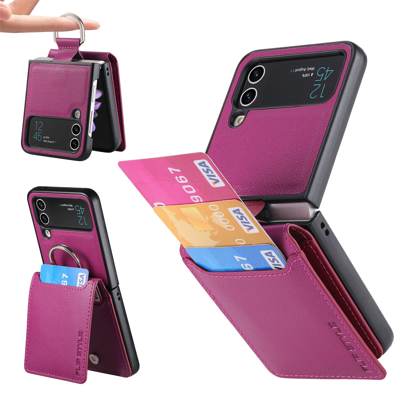 For Samsung Galaxy Z Flip4 5G Card Holder Kickstand Case PU Leather Coated PC Phone Cover with Built-in Metal Sheet For Samsung Galaxy Z Flip4 5G Card Holder Kickstand Case PU Leather Coated PC Phone Cover with Built-in Metal Sheet